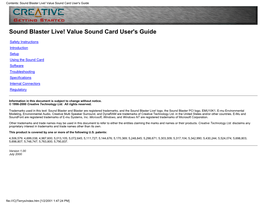 Contents: Sound Blaster Live! Value Sound Card User's Guide