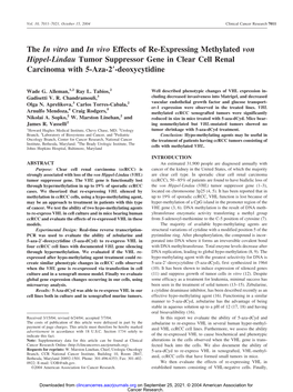 The in Vitro and in Vivo Effects of Re-Expressing Methylated Von Hippel-Lindau Tumor Suppressor Gene in Clear Cell Renal Carcinoma with 5-Aza-2؅-Deoxycytidine