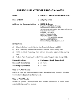 Curriculum Vitae of Prof. C.V. Naidu