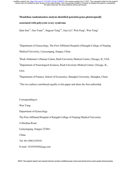 Mendelian Randomization Analysis Identified Potential Genes Pleiotropically Associated with Polycystic Ovary Syndrome Qian Sun