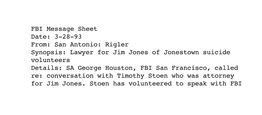 An FBI Message Sheet Dated 3-28-93 Discussing What to Do in Response to a Letter from a Lawyer Who Once Represented Jim Jones