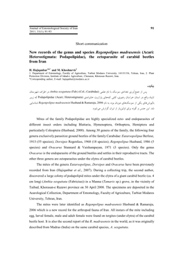 Acari: Heterostigmata: Podapolipidae), the Ectoparasite of Carabid Beetles from Iran