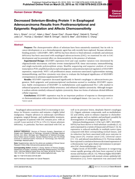 Decreased Selenium-Binding Protein 1 in Esophageal Adenocarcinoma Results from Posttranscriptional and Epigenetic Regulation and Affects Chemosensitivity