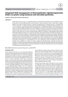 Integrated Field Management of Henosepilachna Vigintioctopunctata (Fabr.) on Potato Using Botanical and Microbial Pesticides Sunil Kr