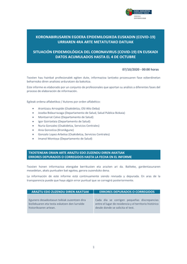 Koronabirusaren Egoera Epidemilogikoa Euskadin (Covid-19) Urriaren 4Ra Arte Metatutako Datuak