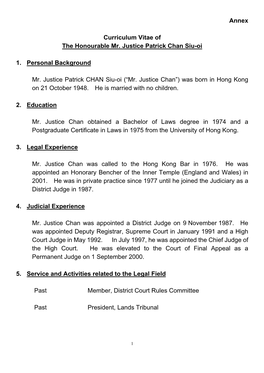 Curriculum Vitae of the Honourable Mr. Justice Patrick Chan Siu-Oi
