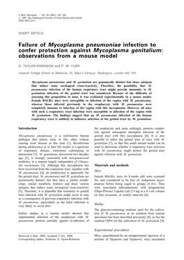 Failure of Mycoplasma Pneumoniae Infection to Confer Protection Against Mycoplasma Genitalium: Observations from a Mouse Model