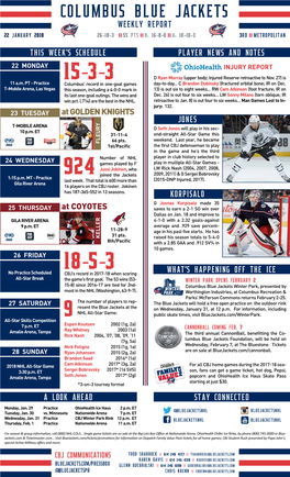 Columbus Blue Jackets Weekly Report 22 January 2018 26-18-3 Ii 55 Pts Ii H: 16-8-0 Ii A: 10-10-3 3Rd Ii Metropolitan