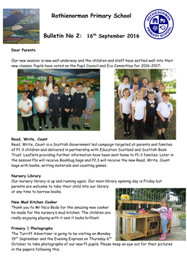 Rothienorman Primary School Bulletin No 2: 16Th September 2016