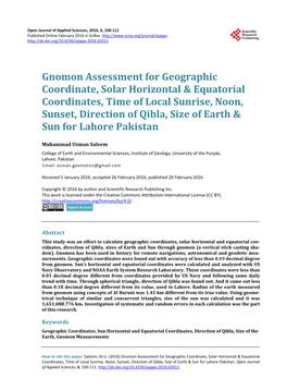 Gnomon Assessment for Geographic Coordinate, Solar Horizontal & Equatorial Coordinates, Time of Local Sunrise, Noon, Sunset