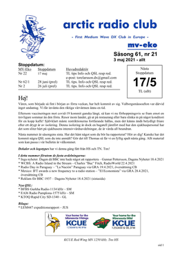 Säsong 61, Nr 21 3 Maj 2021 - Allt Stoppdatum: MV-Eko Stoppdatum Huvudredaktör Nästa Nr 22 17 Maj TL Tips Info Och QSL Resp Red