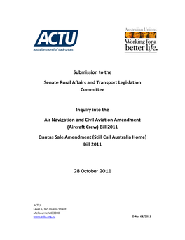 D 68 ACTU Submission to Aviation and Qantas Sale Amendment Bills