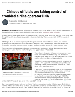 HNA Group: Chinese Officials Take Control of Airline Operator - CNN 9/21/20, 10�03 AM