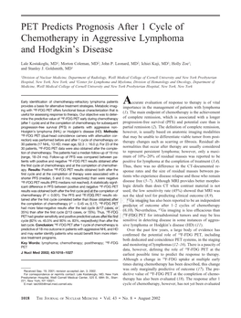 PET Predicts Prognosis After 1 Cycle of Chemotherapy in Aggressive Lymphoma and Hodgkin’S Disease