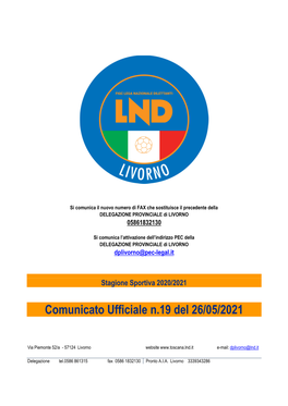 Comunicato Ufficiale N.19 Del 26/05/2021