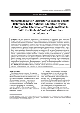 Mohammad Natsir, Character Education, and Its Relevance to The