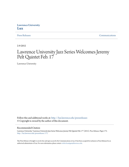 Lawrence University Jazz Series Welcomes Jeremy Pelt Quintet Feb. 17 Lawrence University