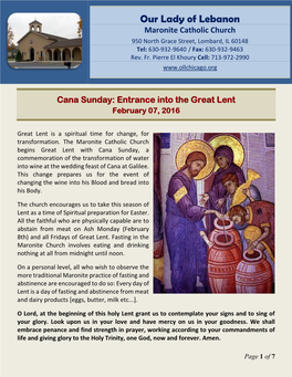 Our Lady of Lebanon Maronite Catholic Church 950 North Grace Street, Lombard, IL 60148 Tel: 630-932-9640 / Fax: 630-932-9463 Rev