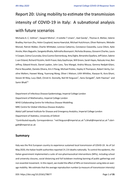 Report 20: Using Mobility to Estimate the Transmission Intensity of COVID-19 in Italy: a Subnational Analysis with Future Scenarios