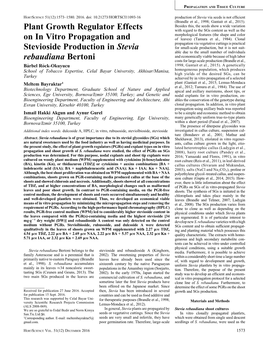 Plant Growth Regulator Effects on in Vitro Propagation and Stevioside