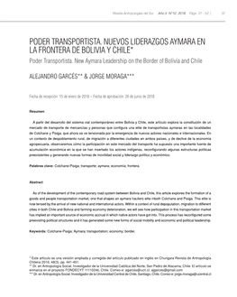 Poder Transportista. Nuevos Liderazgos Aymara En La Frontera De Bolivia Y Chile* Poder Transportista