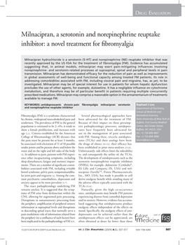 Milnacipran, a Serotonin and Norepinephrine Reuptake Inhibitor: a Novel Treatment for Fibromyalgia