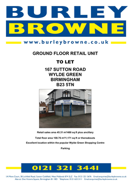 Ground Floor Retail Unit to Let 167 Sutton Road Wylde Green Birmingham B23