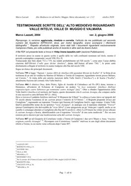 Testimonianze Scritte Dell' Alto Medioevo Riguardanti Valle Intelvi, Valle Di Muggio E Valmara