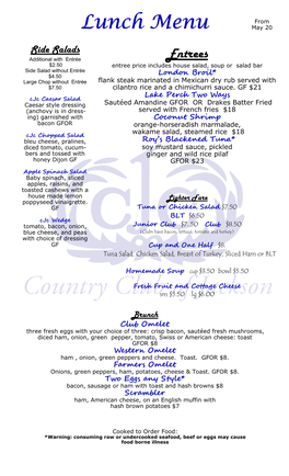 Lunch Menu May 20