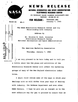 N'ews RELEASE NATIONAL AERONAUTICS and SPACE Admiwistratl(Nr ELECTRONICS RESEARCH CENTER 575 TKHNOLOGY SQUARE, CAMBRIDGE, MASSACHUSETTS 02139 TELEPHONE : 491-1500, ET