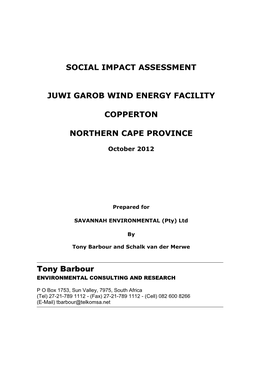 SOCIAL IMPACT ASSESSMENT JUWI GAROB WIND ENERGY FACILITY COPPERTON NORTHERN CAPE PROVINCE Tony Barbour