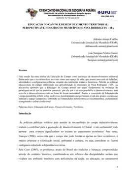 Educação Do Campo E Desenvolvimento Territorial: Perspectivas E Desafios No Município De Nina Rodrigues – Ma