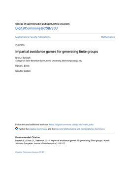 Impartial Avoidance Games for Generating Finite Groups