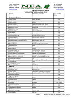 PRICE LIST for SEEDLINGS 2017/18 Species Common Or Local Name Price/ Seedling (Ushs)