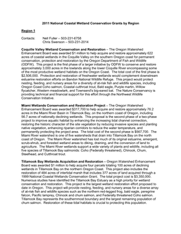 2011 National Coastal Wetland Conservation Grants by Region Region 1 Contacts: Nell Fuller – 503-231-6758 Chris Swenson –