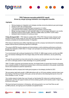 TPG Telecom Records Solid HY21 Result Driven by Merger Synergy Realisation and Integration Benefits