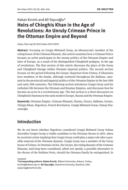 Heirs of Chinghis Khan in the Age of Revolutions: an Unruly Crimean Prince in the Ottoman Empire and Beyond