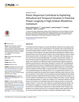 Plastic Responses Contribute to Explaining Altitudinal and Temporal Variation in Potential Flower Longevity in High Andean Rhodolirion Montanum