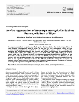 In Vitro Regeneration of Neocarya Macrophylla (Sabine) Prance, Wild Fruit of Niger