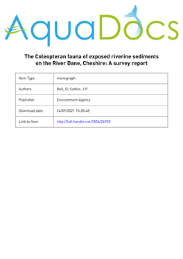The Coleopteran Fauna of Exposed Riverine Sediments on the River Dane, Cheshire: a Survey Report