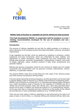 FEDIOL Code of Practice on Vegetable Oil and Fat Refining for Food Purposes