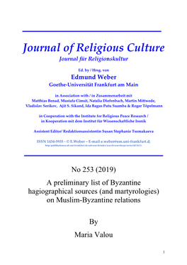 Journal of Religious Culture Journal Für Religionskultur