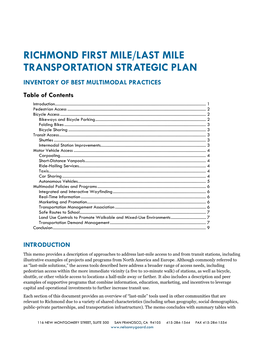 RICHMOND FIRST MILE/LAST MILE TRANSPORTATION STRATEGIC PLAN INVENTORY of BEST MULTIMODAL PRACTICES Table of Contents Introduction