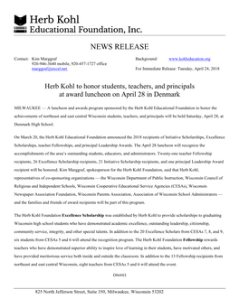 Herb Kohl to Honor Students, Teachers, and Principals at Award Luncheon on April 28 in Denmark