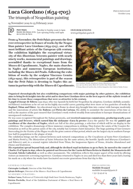 Luca Giordano (1634-1705) October 2019 the Triumph of Neapolitan Painting 14 November 2019 to 23 February 2020