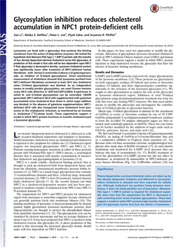 Glycosylation Inhibition Reduces Cholesterol Accumulation in NPC1 Protein-Deficient Cells