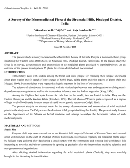 A Survey of the Ethnomedicinal Flora of the Sirumalai Hills, Dindugul District, India