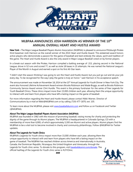 MLBPAA ANNOUNCES JOSH HARRISON AS WINNER of the 10Th ANNUAL OVERALL HEART and HUSTLE AWARD