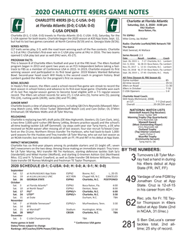 2020 CHARLOTTE 49ERS GAME NOTES CHARLOTTE 49ERS (0-1; C-USA: 0-0) Charlotte at Florida Atlantic Saturday, Oct