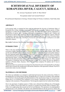 Ichthyofaunal Diversity of Korapuzha River, Calicut, Kerala